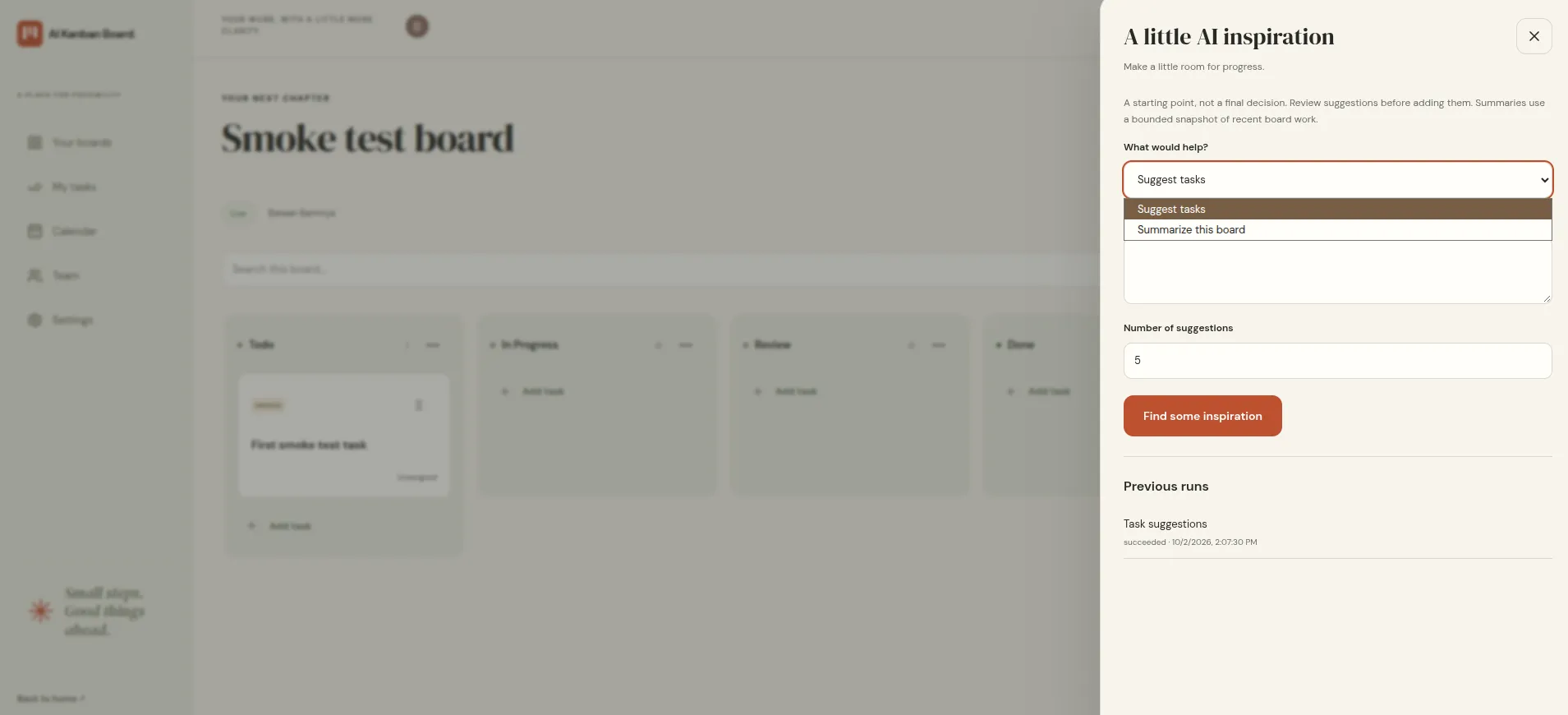 AI assistant panel over a board, offering task suggestions or a board summary, with a suggestion count and previous runs.
