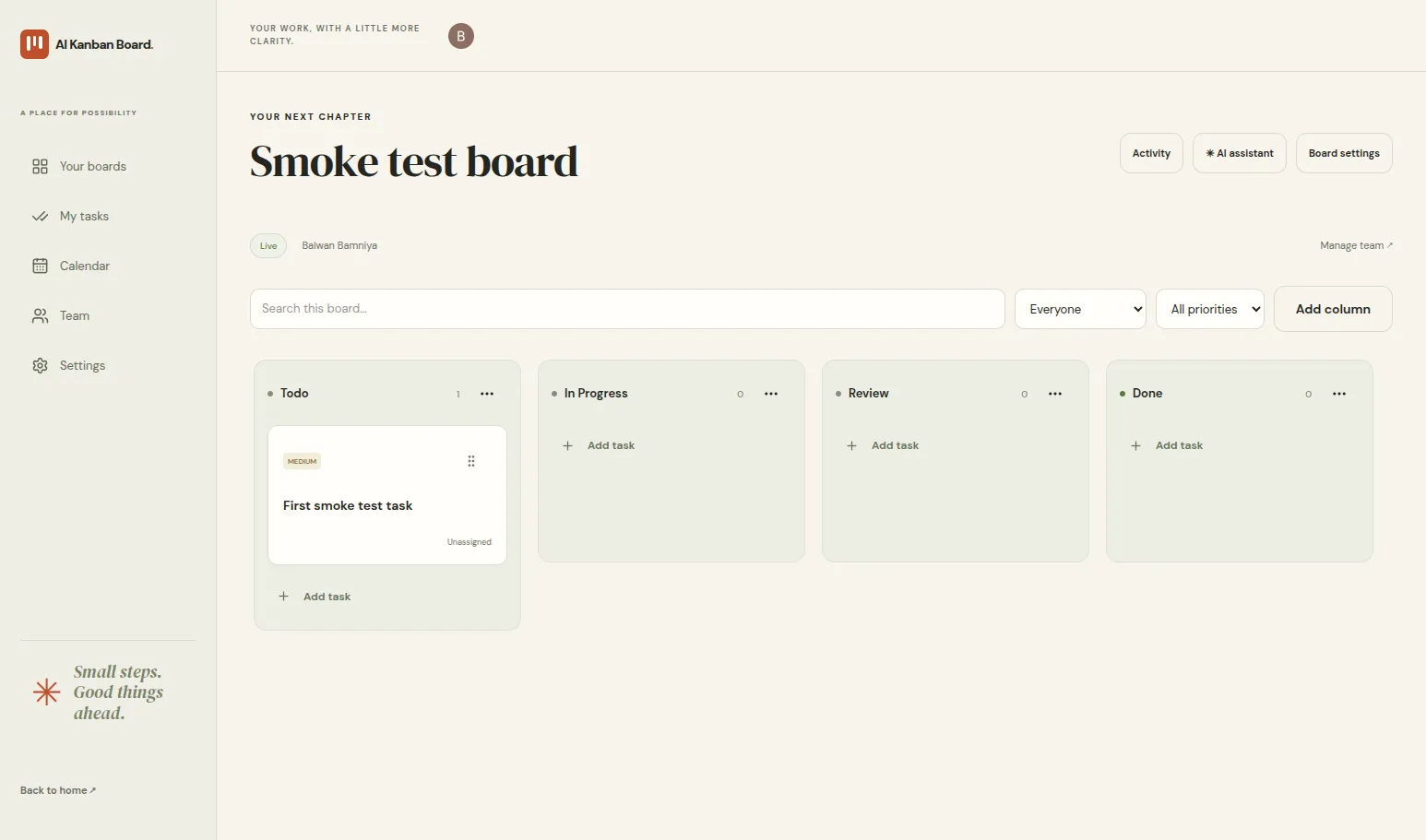 A shared board with Todo, In Progress, Review and Done columns, search and filters, and the AI assistant button.
