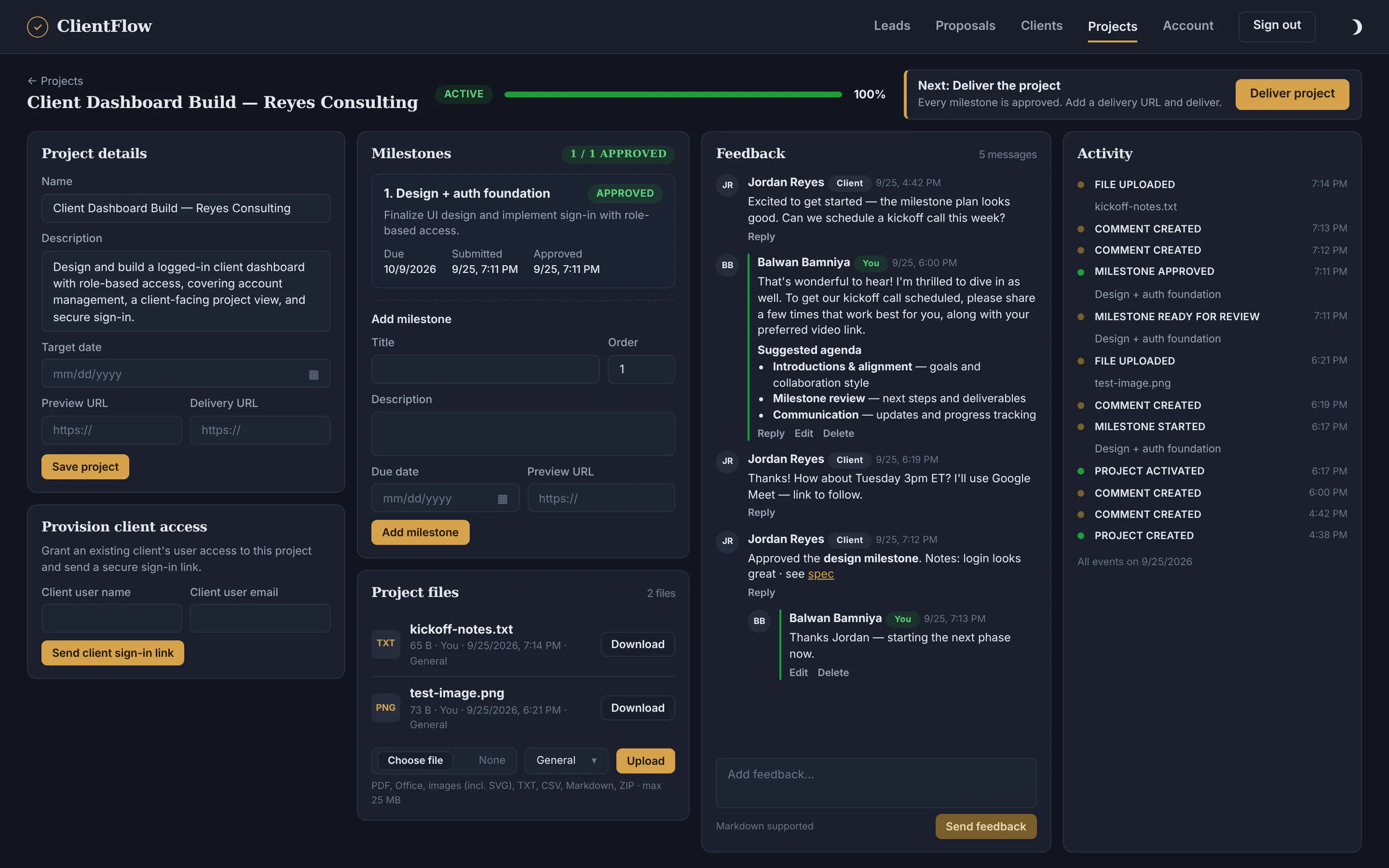 Project workspace with an approved milestone, uploaded files, a client feedback thread and the activity log, ready to deliver.