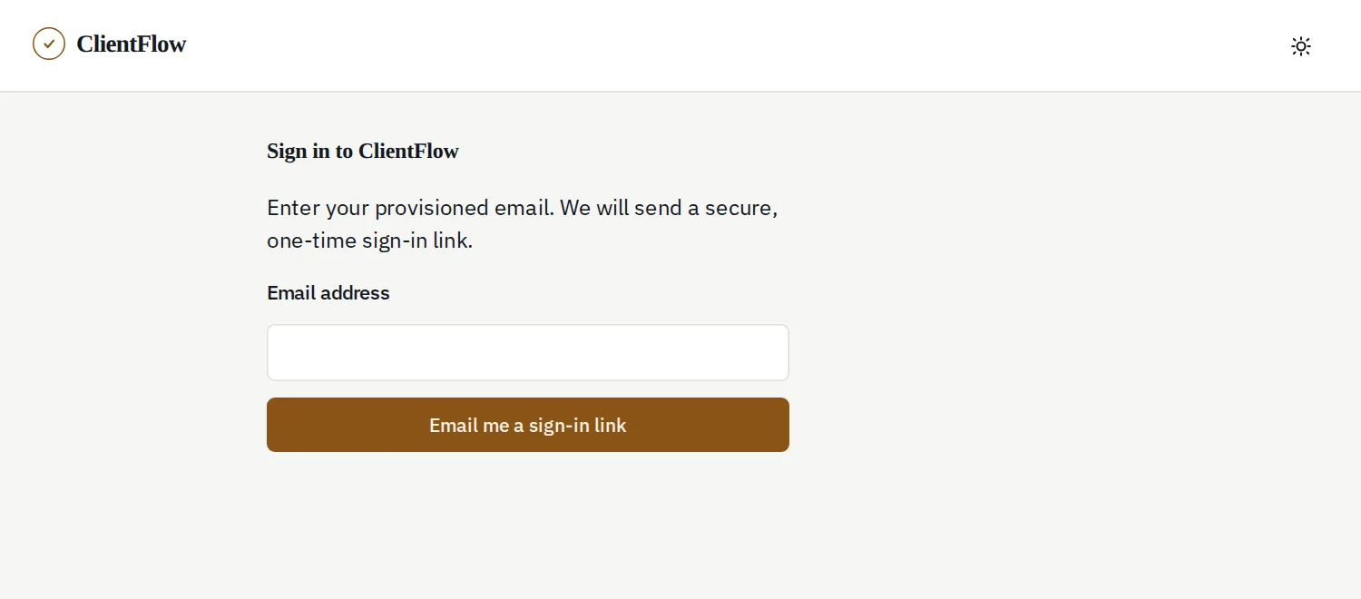 ClientFlow sign-in page asking for a provisioned email address to receive a one-time sign-in link.