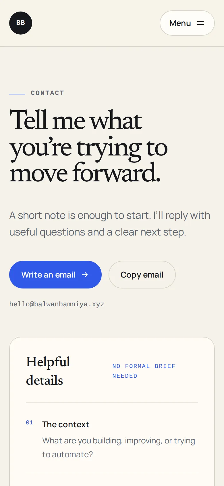 The contact page at 390px wide, with Write an email and Copy email buttons below the headline.