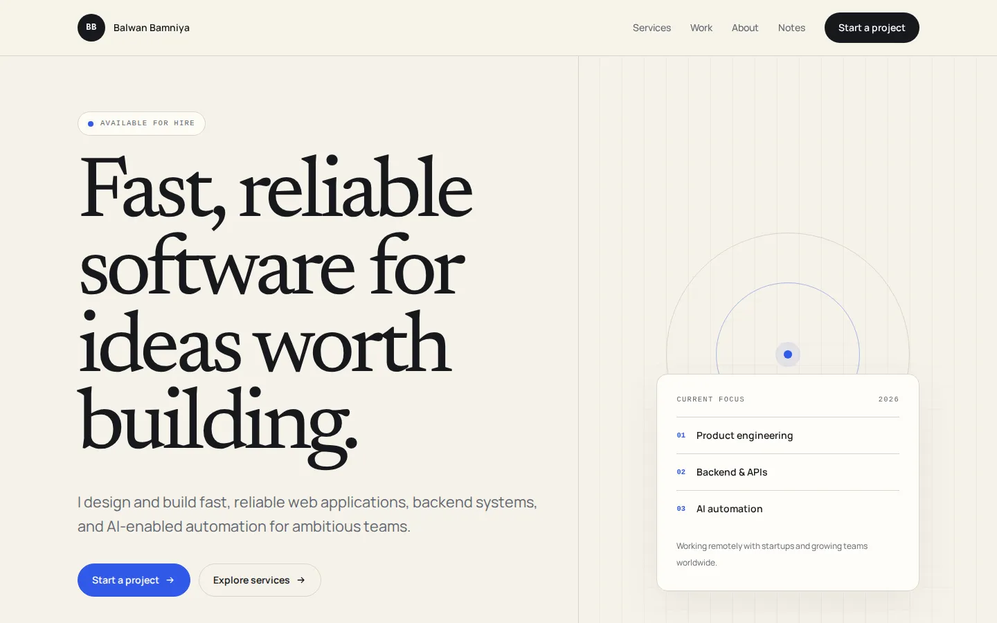 The balwanbamniya.xyz home page with the headline "Fast, reliable software for ideas worth building." and a current-focus panel.