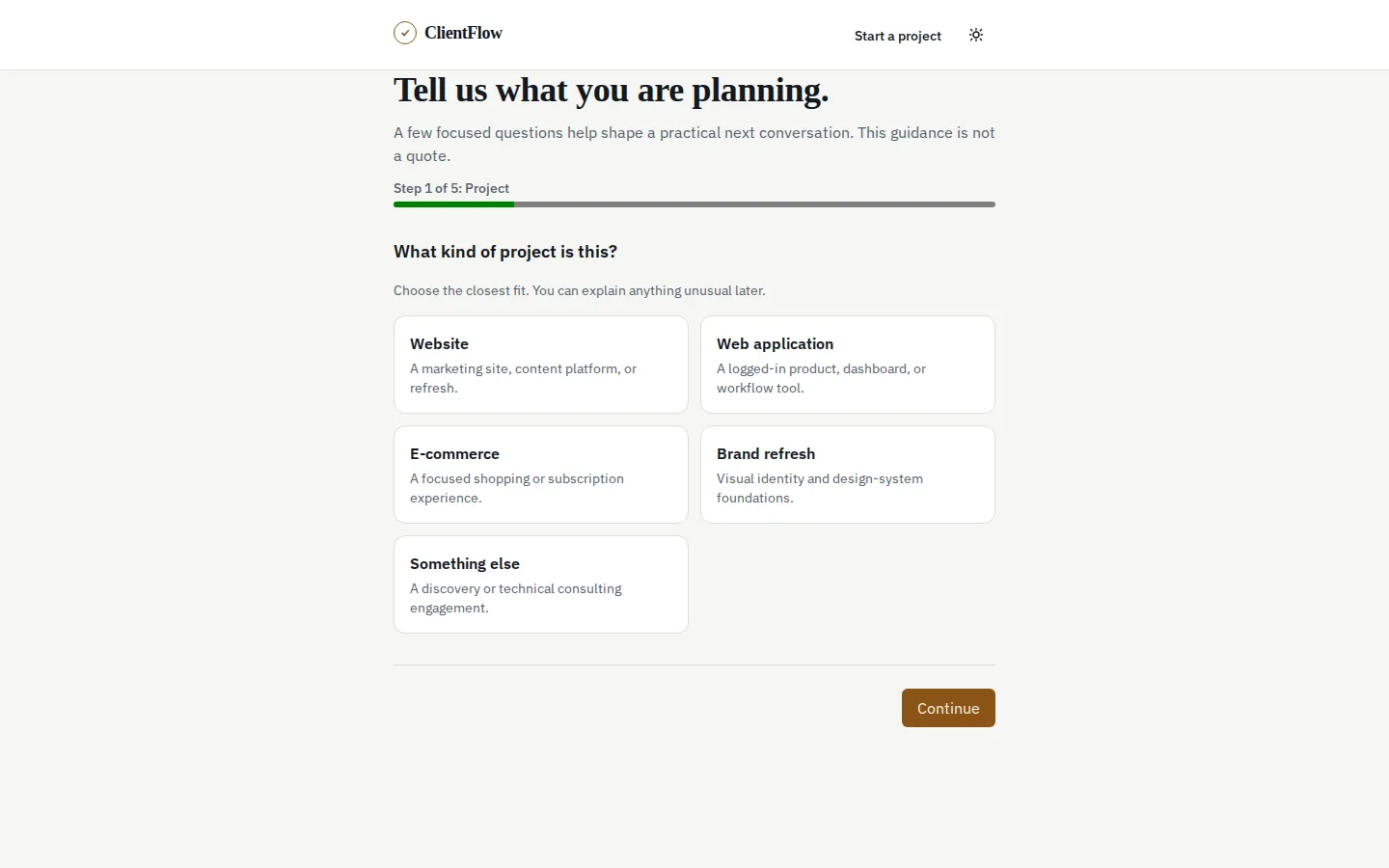 The ClientFlow inquiry wizard on step one of five, asking what kind of project the prospect is planning.