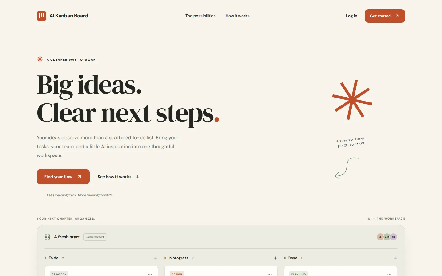 AI Kanban Board landing page with the headline "Big ideas. Clear next steps." above a sample board.