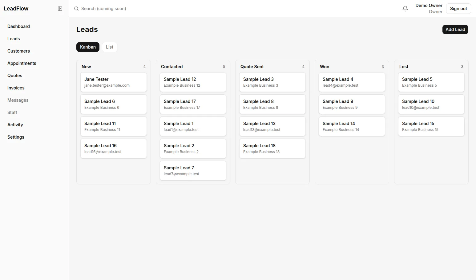 Owner leads board in Kanban view with New, Contacted, Quote Sent, Won and Lost columns of seeded leads.