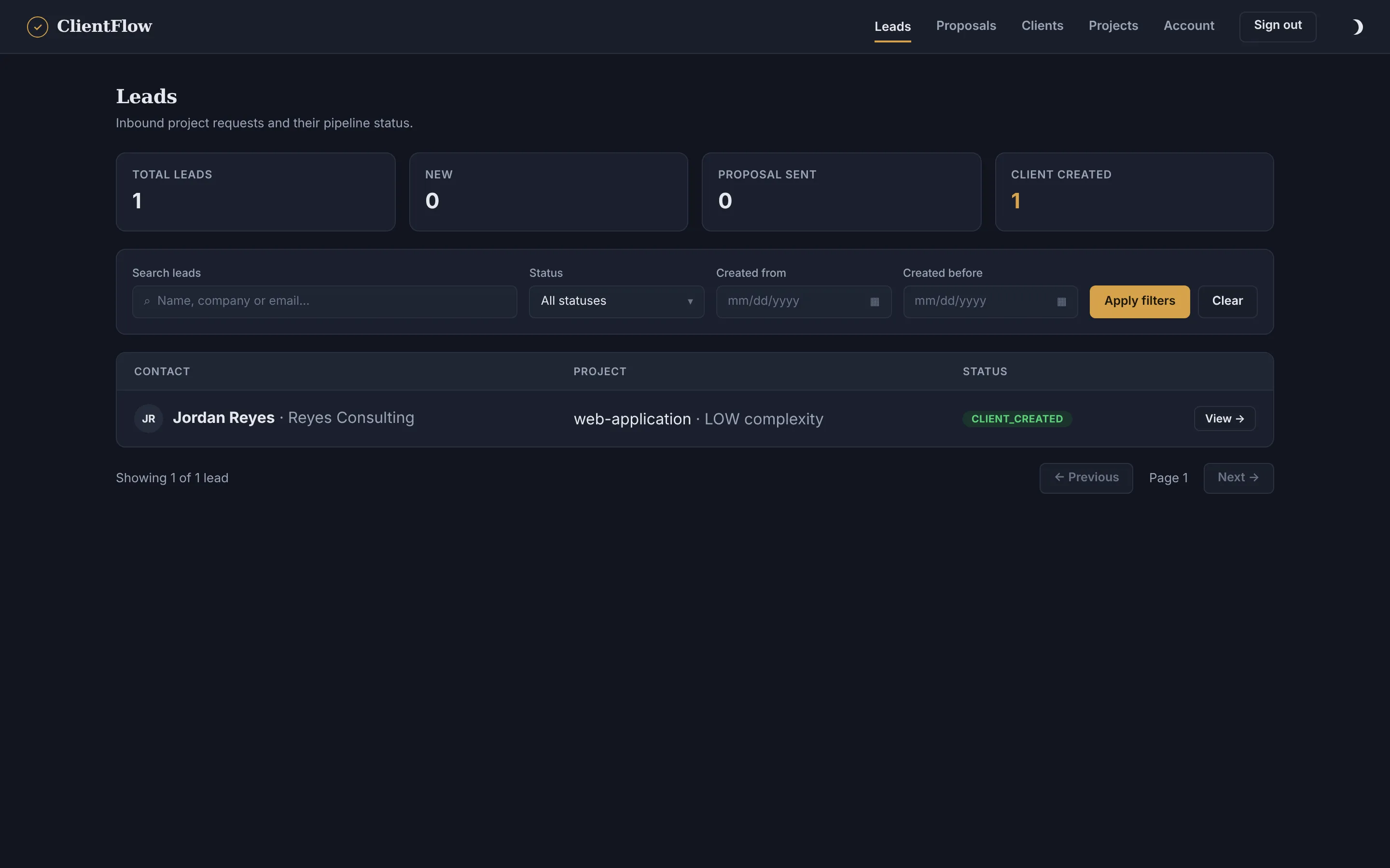 Owner console Leads page with pipeline totals, search filters and a lead whose status is Client created.